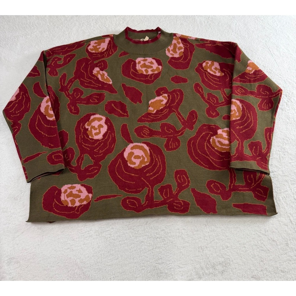 JODIFL Sweater Womens S Olive Green Red Floral Rose Mock Neck Slit Hem Oversized - Picture 2 of 9